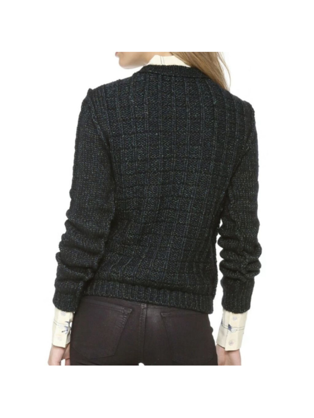 Tory Burch Lucy Metallic Green Beatle Embellish Sweater Size S Wool Cotton Blend - Picture 3 of 11